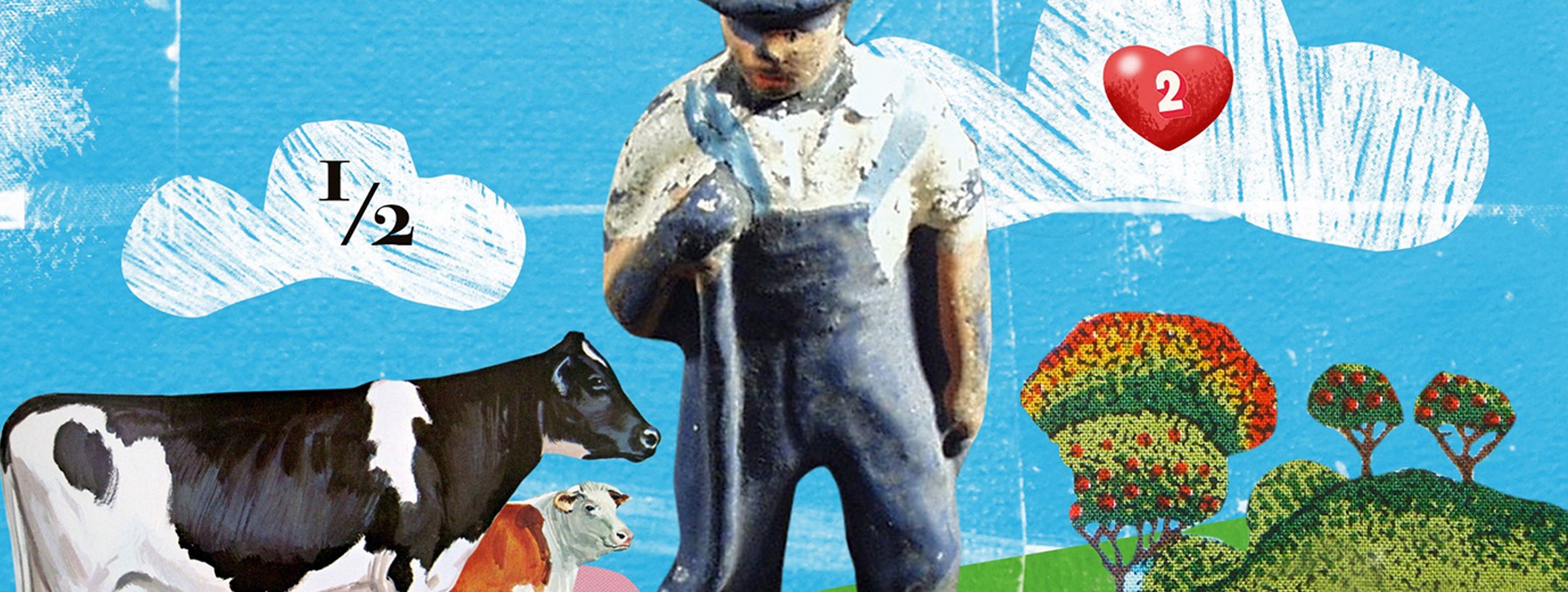 Die Illustration zeigt eine Bauernfigur, die in einer Landschaft steht, um sie herum Kühe und darüber ein blauer Himmel mit weißen Wolken