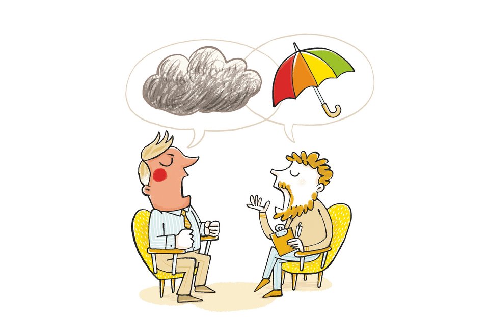 Die Illustration zeigt einen Therapeuten und sein Patient mit Sprechblasen über dem Kopf, und in der Blase des Patienten ist eine graue Wolke und über dem Therapeuten ist ein Regenschirm in der Sprechblase