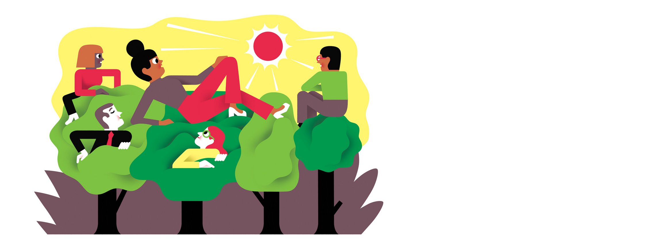 Die Illustration zeigt verschiedene Menschen, die auf Baumkronen sitzen und liegen und dabei entspannt den Sonnenuntergang genießen