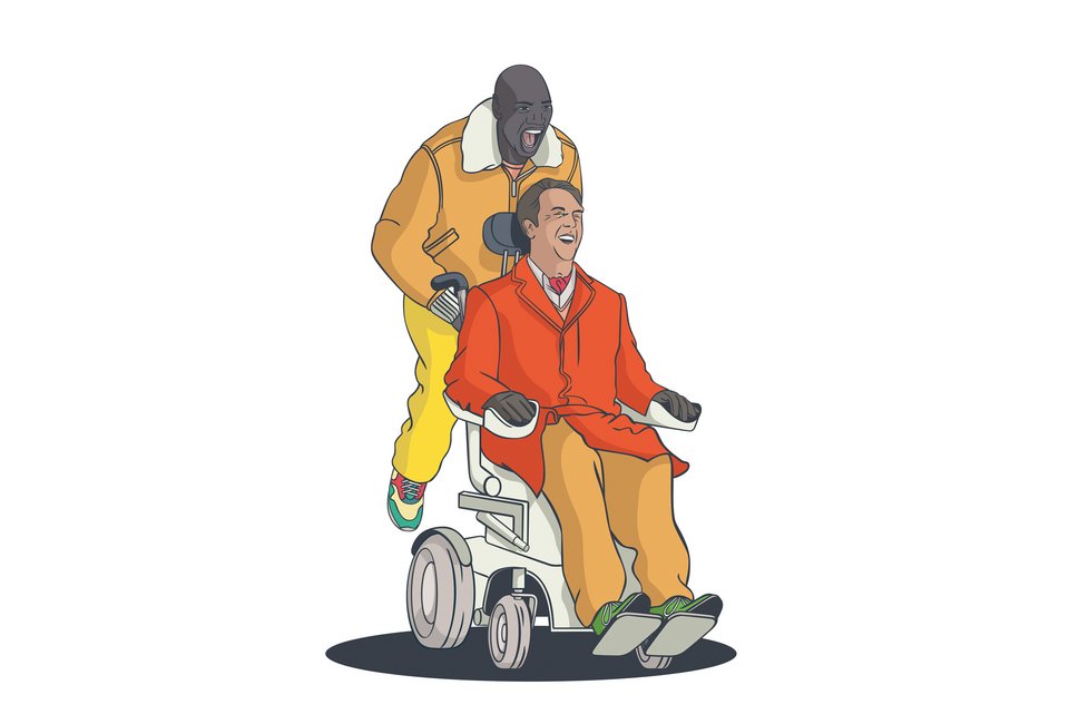Die Illustration zeigt die Darsteller aus dem Film "Ziemlich beste Freunde", einen Mann im Rollstuhl, der von seinem Betreuer geschoben wird, wobei beide ausgelassen lachen