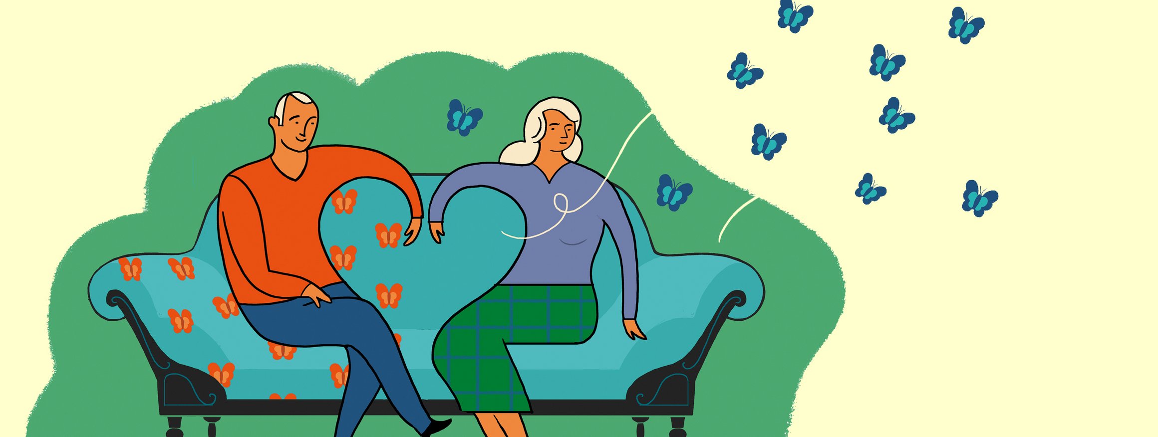 Die Illustration zeigt ein Paar auf einem Sofa mit Schmetterlingen, die davon fliegen