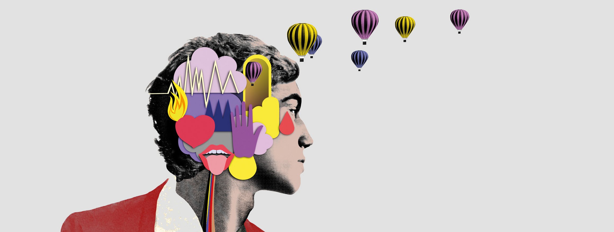 Die Illustration zeigt einen Mann mit vielen Eindrücken im Kopf, der in die Ferne schaut, wo viele Heizluftballons am Himmel sind