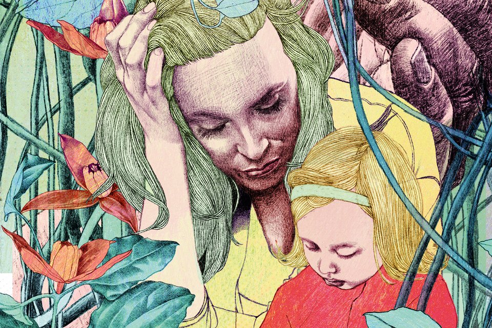 Die Illustration zeigt eine narzisstische Mutter mit ihrer Tochter umringt von Pflanzen und Händen