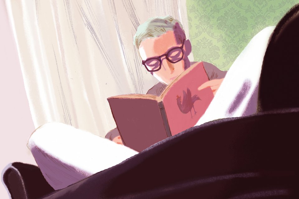 Die Illustration zeigt einen älteren Mann mit Brille, der im Schneidersitz auf dem Sofa sitzt und entspannt liest