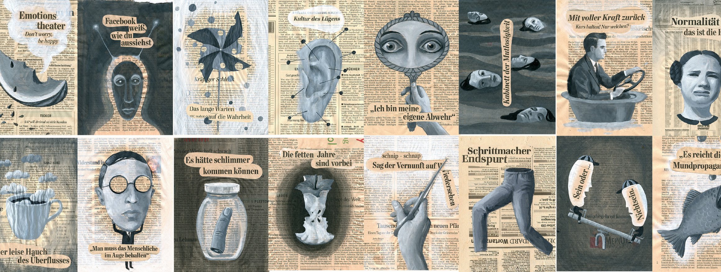 Die Collagen zeigen alte Zeitungsausschnitte mit Symbolen darauf, die extreme Irrationalität zeigen