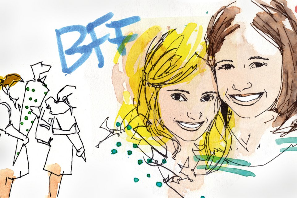 Die Illustration zeigt zwei lachende Mädchen, die eng beieinander stehen, und zwei kleine Mädchen mit Einschulungstüten daneben