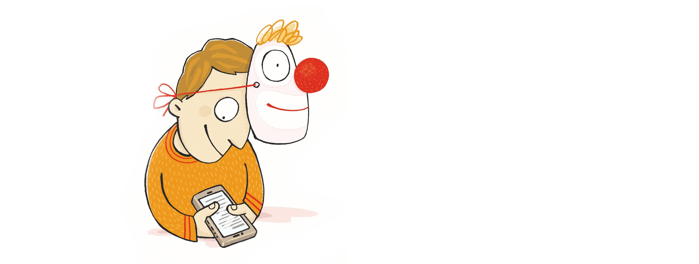 Die Illustration zeigt einen Jungen mit einer Clownsmaske am Kopf, die er nach oben geschoben hat, um auf sein Smartphone zu schauen