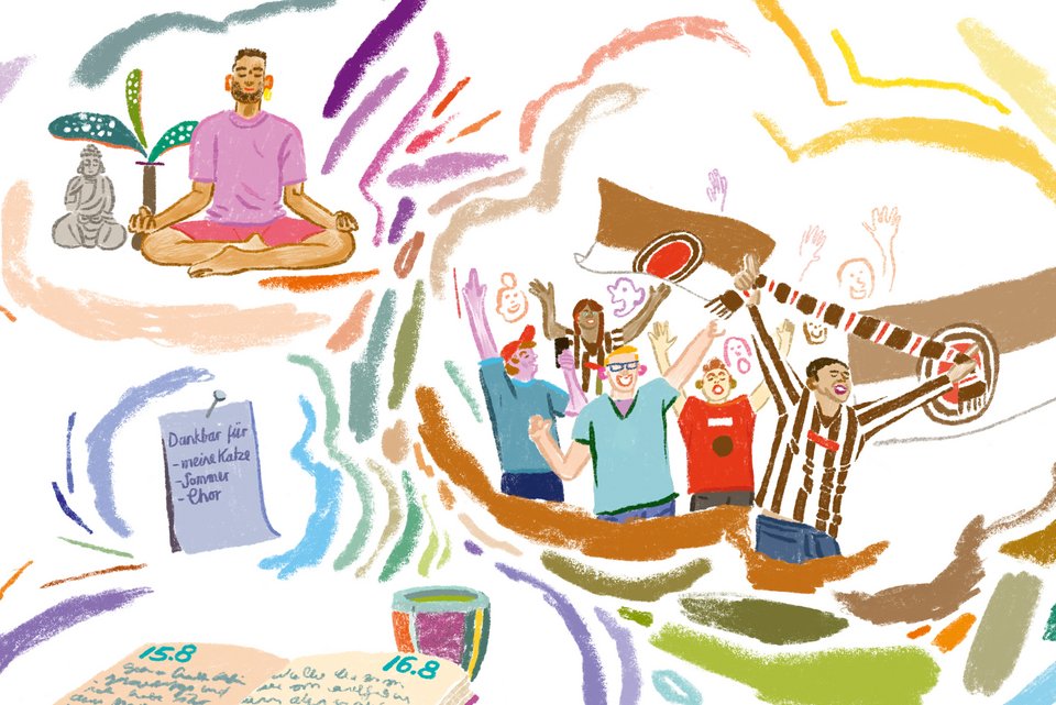 Die Illustration zeigt Menschen bei Aktivitäten, die sie glücklich machen: Yoga machen, ein Dankbarkeits-Tagebuch führen oder dem Lieblingsverein zujubeln.