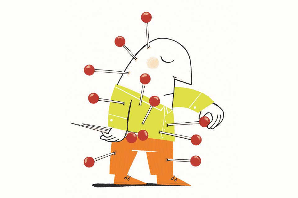 Die Illustration zeigt einen Mann, der sich selbst mit Nadeln durchsticht und aussieht wie eine Vodoopuppe