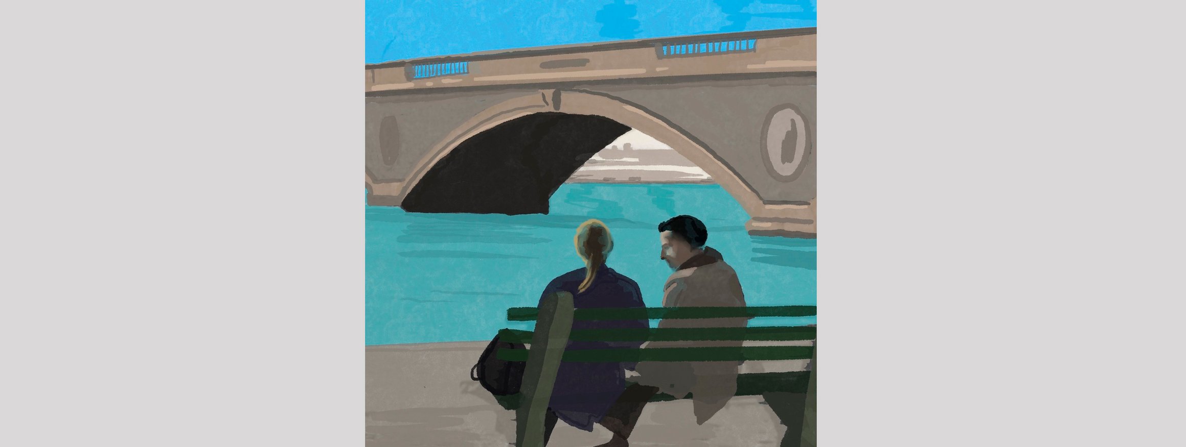 Die Illustration zeigt eine Frau und einen Mann, die auf einer Bank sitzen vor einem Fluss über den eine große Brücke geht