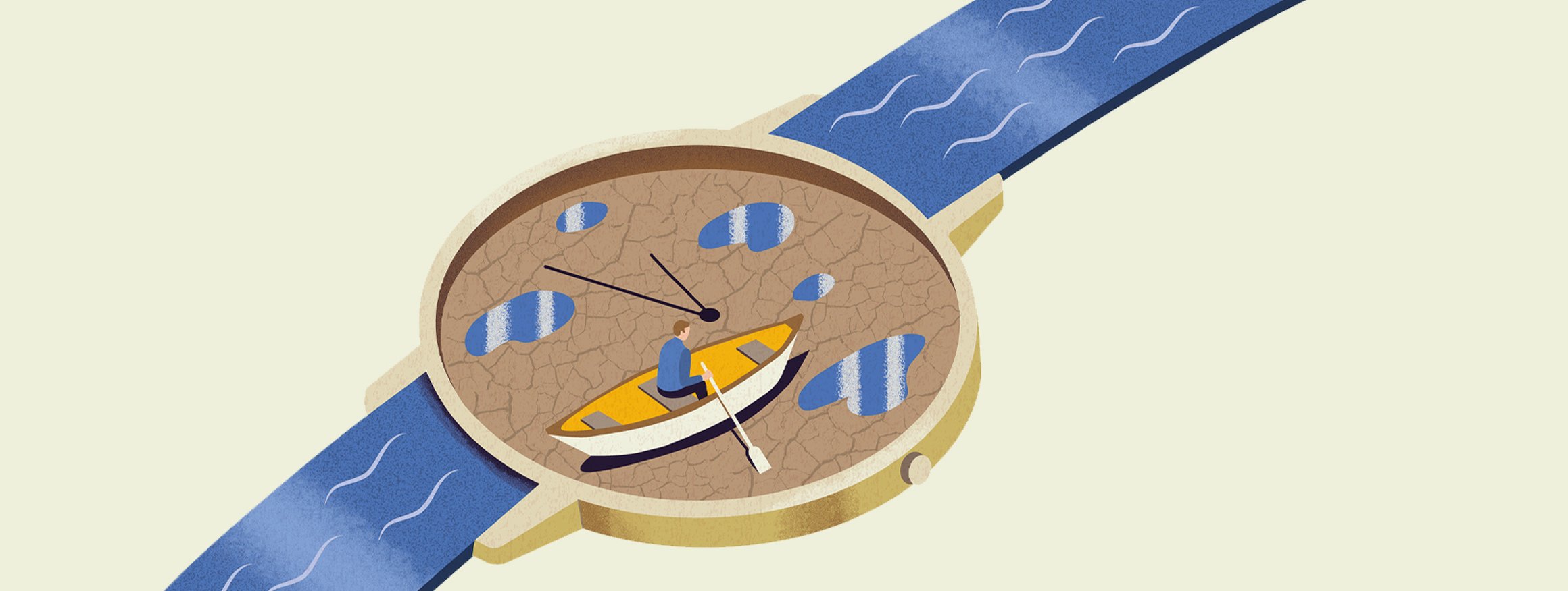Die Illustration zeigt einen Mann in einem Ruderboot auf dem Trockenen in einer Uhr und das Armband ist ein fließendes Gewässer