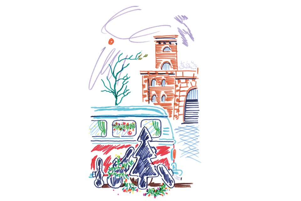 Die Illustration zeigt eine Altstadtkulisse mit VW-Bully und Weihnachtsbaum