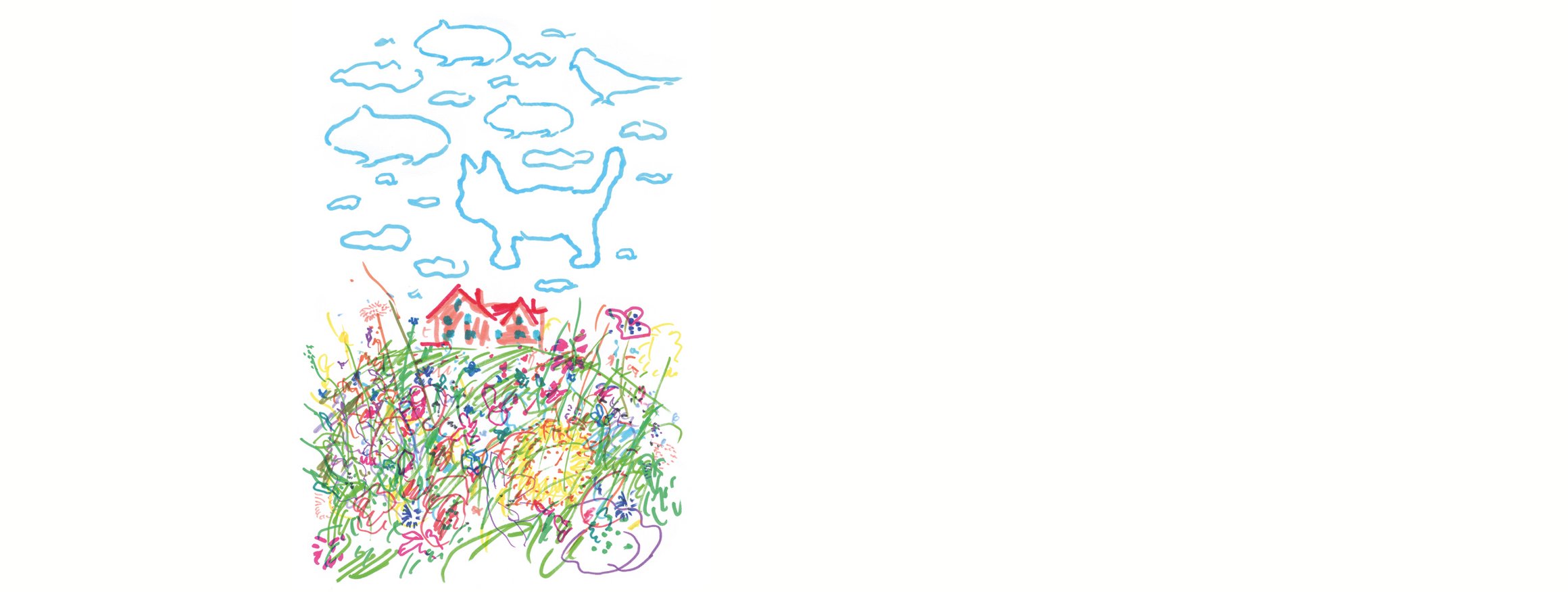 Die Illustration zeigt eine Blumenwiese darauf ein Haus und darüber ein Himmel der voll ist mit Tierwolken, wie zum Beispiel Hund, Vogel oder Hamster