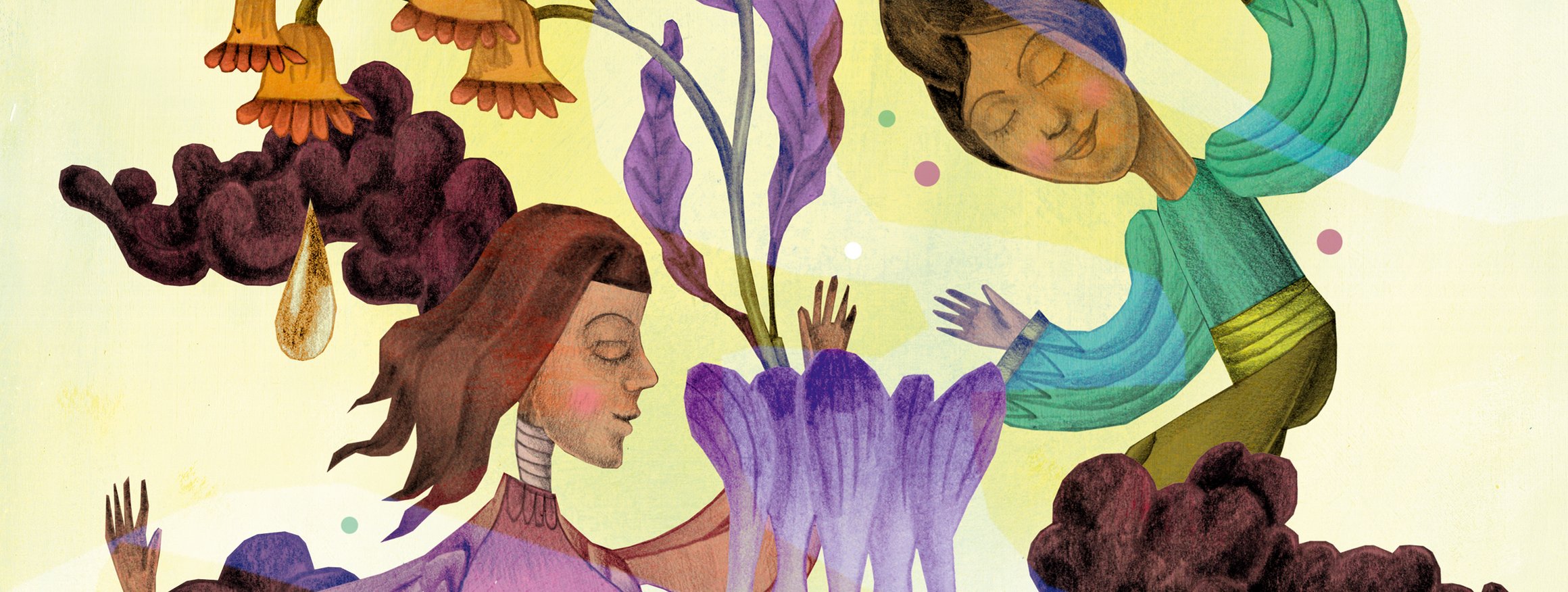 Die Illustration zeigt zwei märchenhafte Frauen, die Blumen umschweben