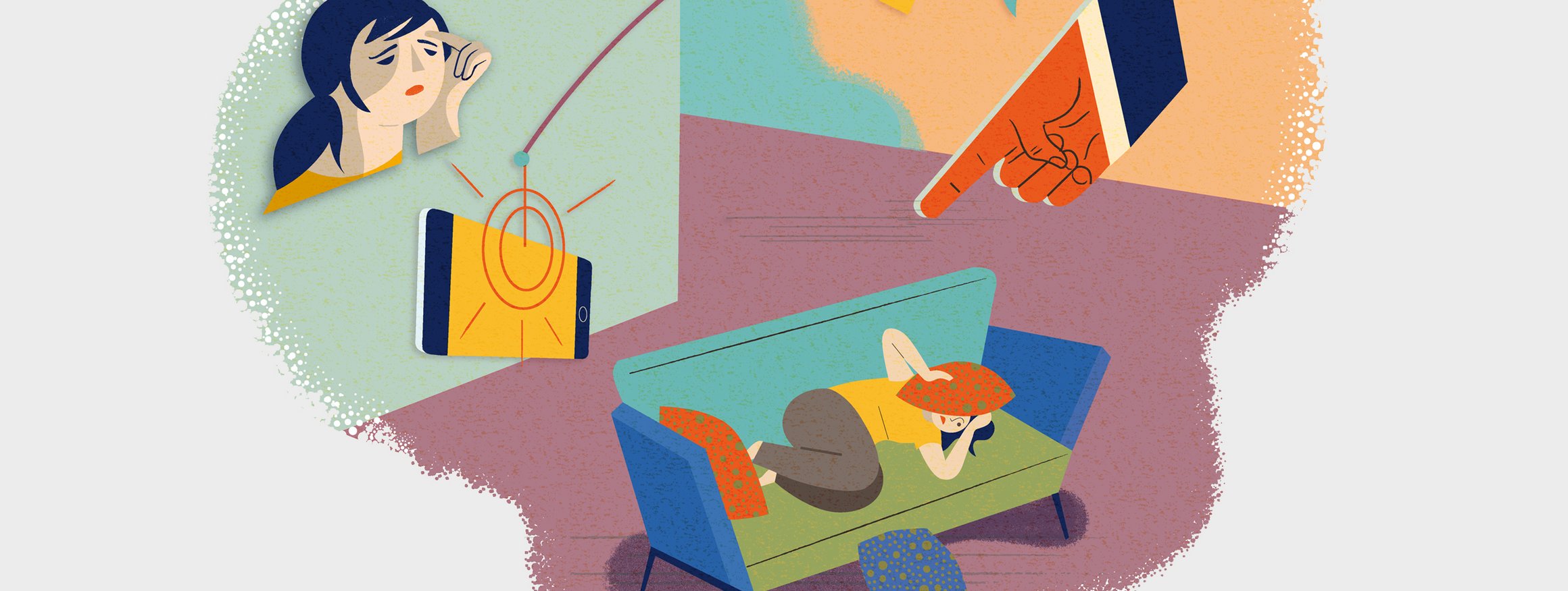 Die Illustration zeigt eine gestresste Frau, die auf dem Sofa liegend, sich ein Kissen vor den Kopf hält, während eine Hand streng auf sie zeigt