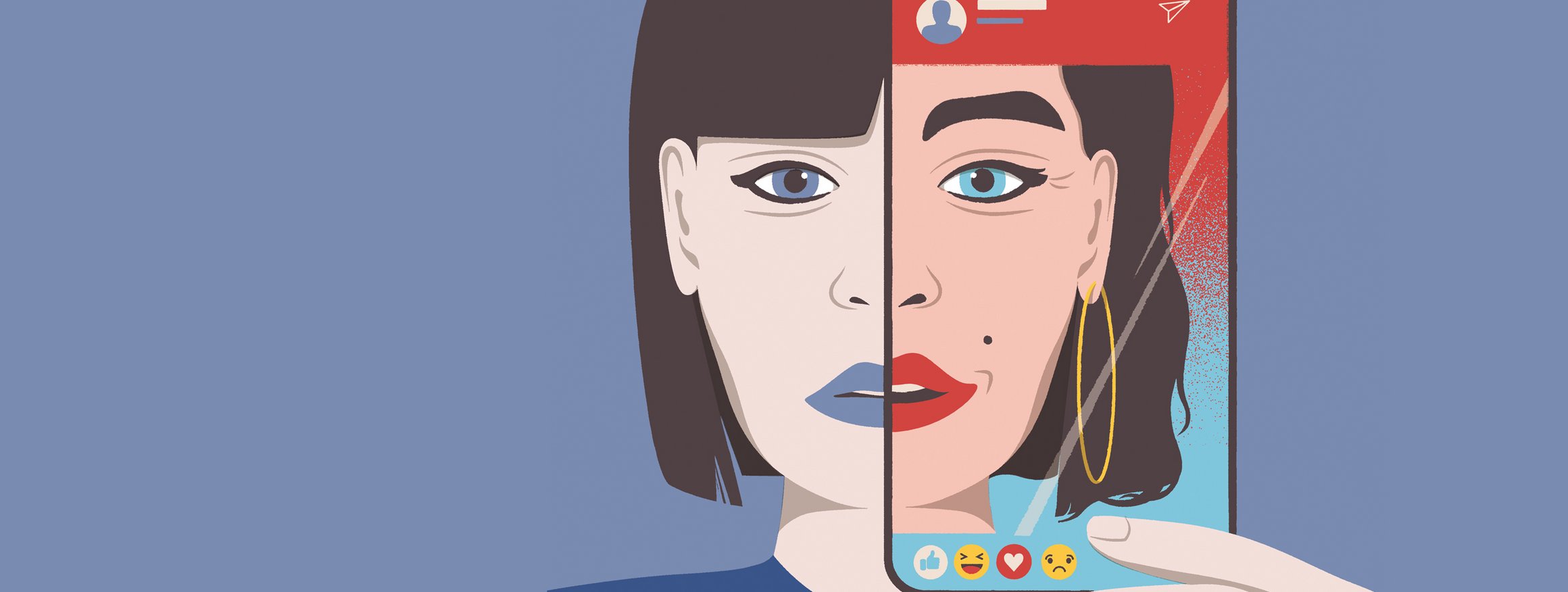 Die Illustration zeigt eine junge Frau, die ihr Smartphone vor das Gesicht hält, während man auf dem Display ihr verschönertes, künstliches Gesicht sieht