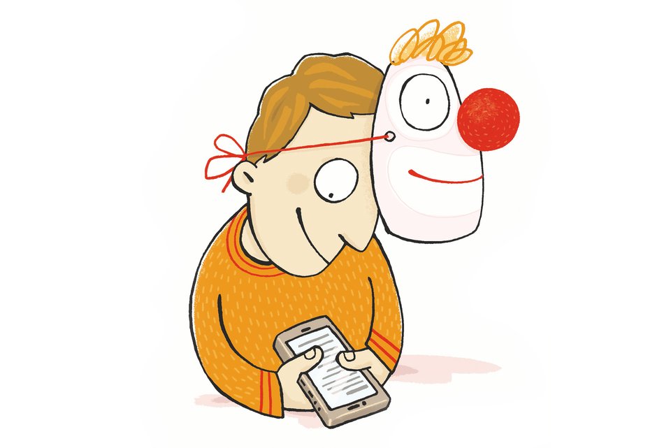 Die Illustration zeigt einen Jungen mit einer Clownsmaske am Kopf, die er nach oben geschoben hat, um auf sein Smartphone zu schauen