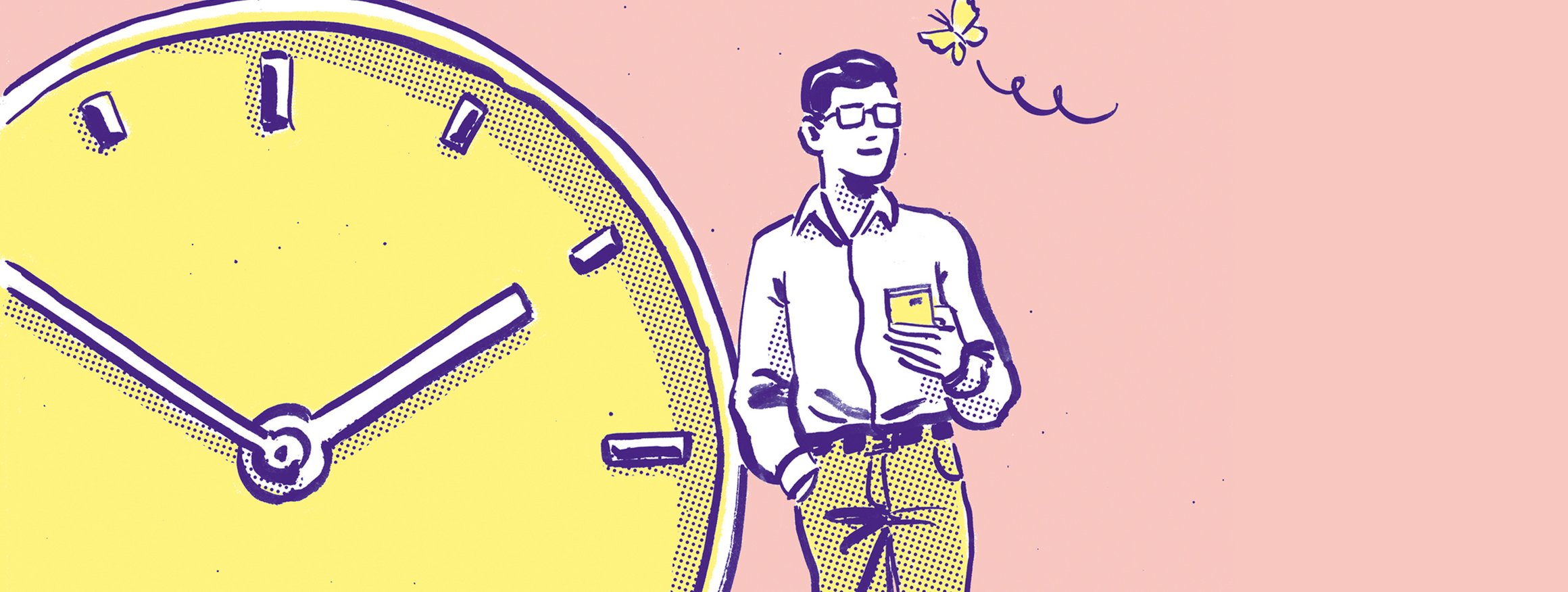 Die Illustration zeigt einen Mann, der lässig an einer große Uhr lehnt, die eine Hand in der Hosentasche, in der anderen hält er ein Smartphone, während er verträumt einem vorbeiflatternden Schmetterling nachschaut