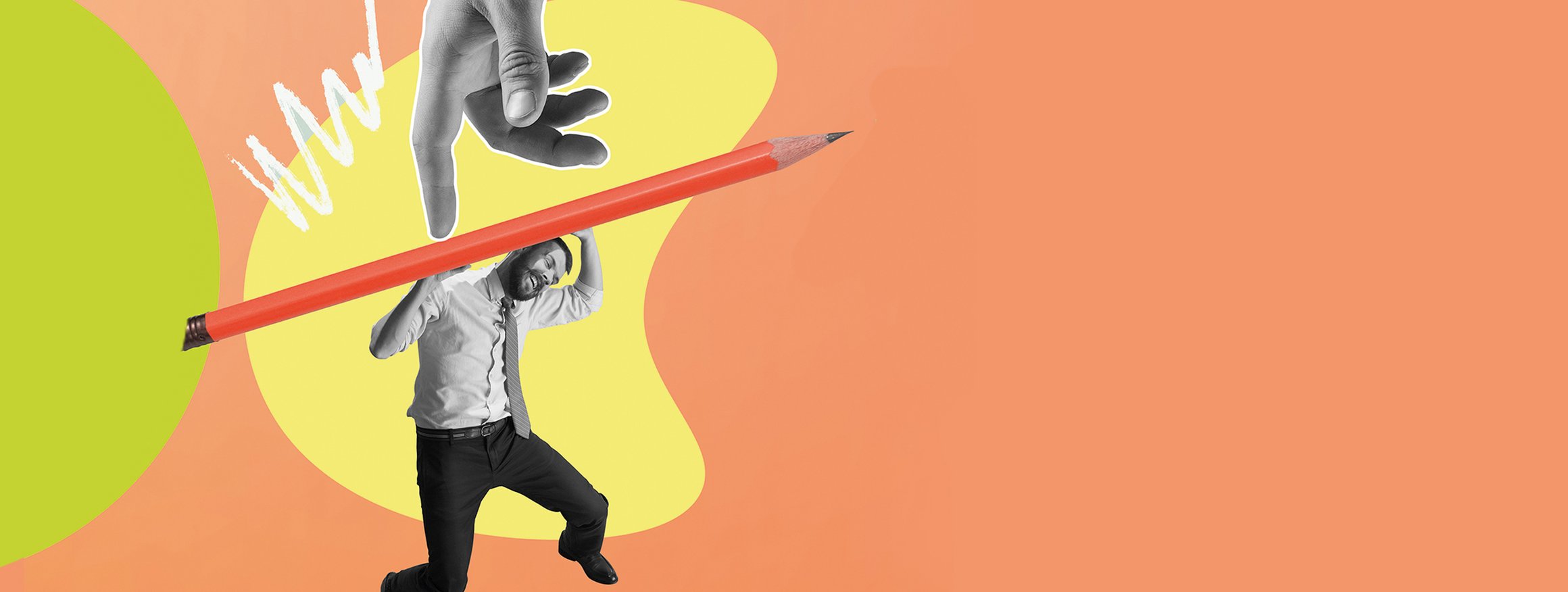 Die Illustration zeigt einen Mann, der unter einem Bleistift als schwere Last, leidet, darüber ist eine Hand, die den Stift berührt und sanft Druck ausübt
