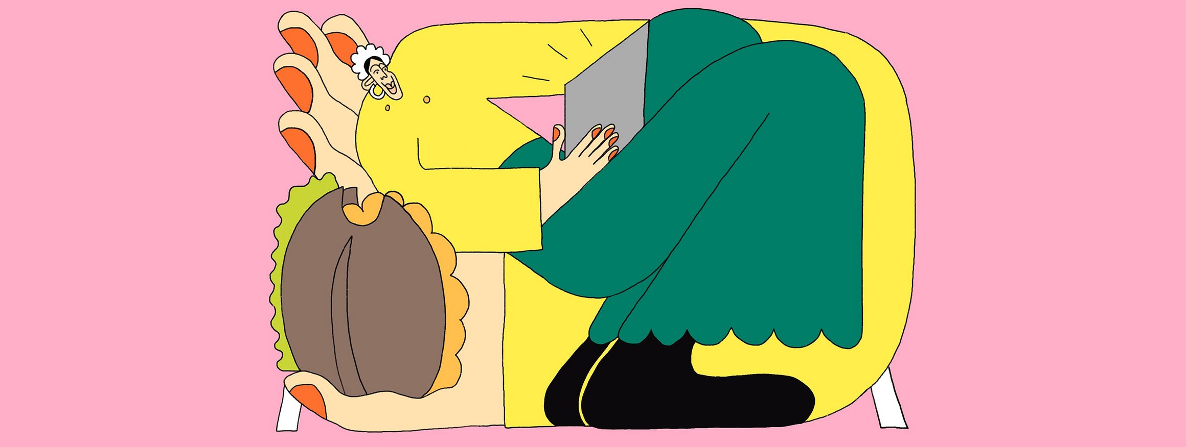 Die Illustration zeigt eine Frau, die ein Schnitzelbrötchen isst und eine Serie schaut