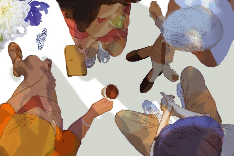 Die Illustration zeigt vier Kolleginnen und Kollegen, die im Kreis sitzen und sich entspannt unterhalten