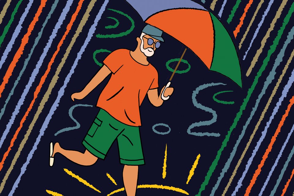 Die Illustration zeigt einen Mann mit einem bunten Regenschirm, der durch einen bunten Regenschauer geht,  und wo er drauftritt ist die Sonne