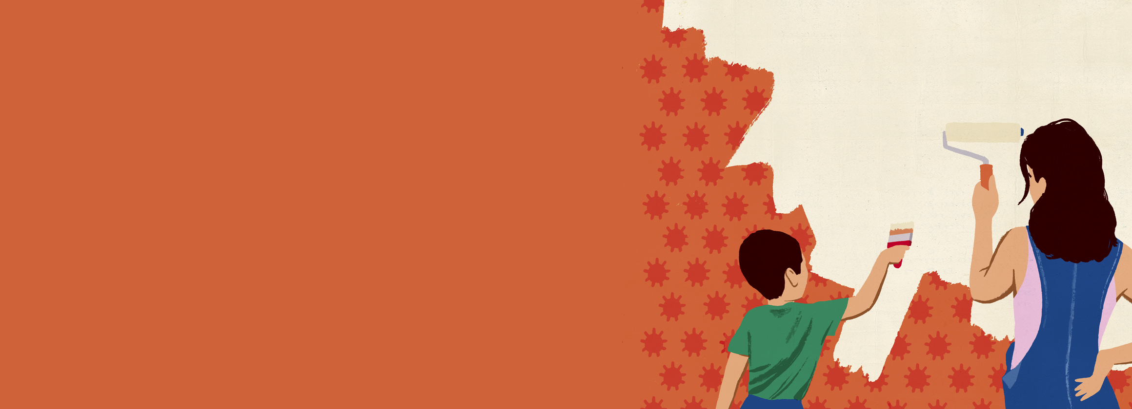 Die Illustration zeigt eine Familie, die eine Wand streicht