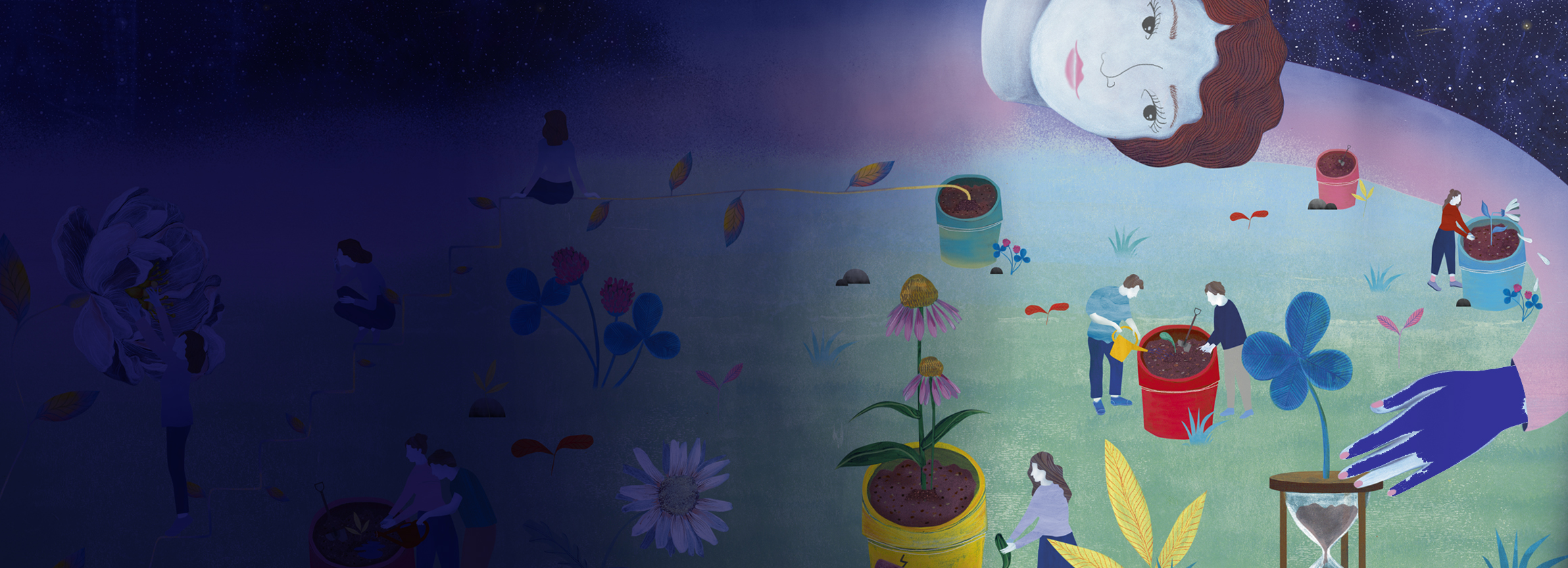 Die Illustration zeigt eine kosmische Frau, die eine Art inneren Garten betrachtet.
