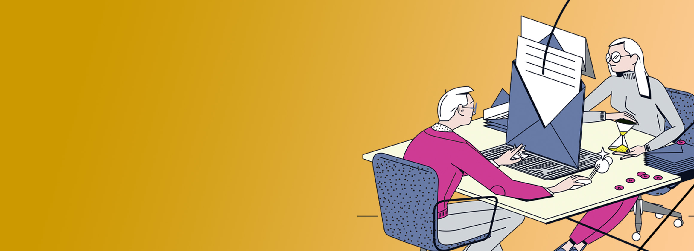 Die Illustration zeigt zwei Personen, die sich gegenüber am Schreibtisch sitzen und am Computer arbeiten.