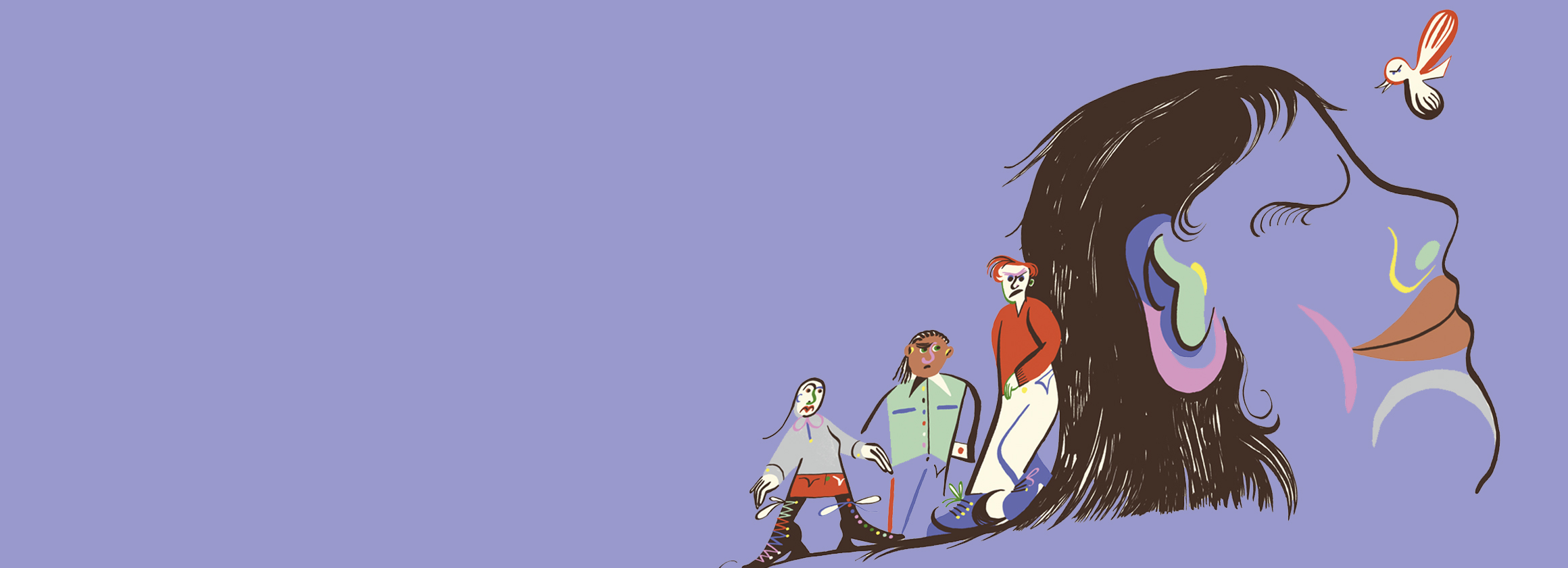 Die Illustration zeigt den Kopf einer Frau, die lächelt. Und das obwohl ihr drei schlechtgelaunte Menschen wortwörtlich im Nacken sitzen.