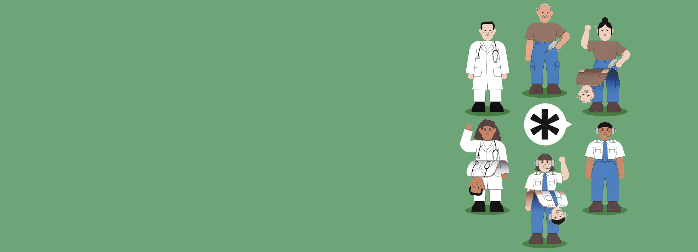 Die Illustration zeigt eine Person, die halb Pilotin und halb Pilot ist.