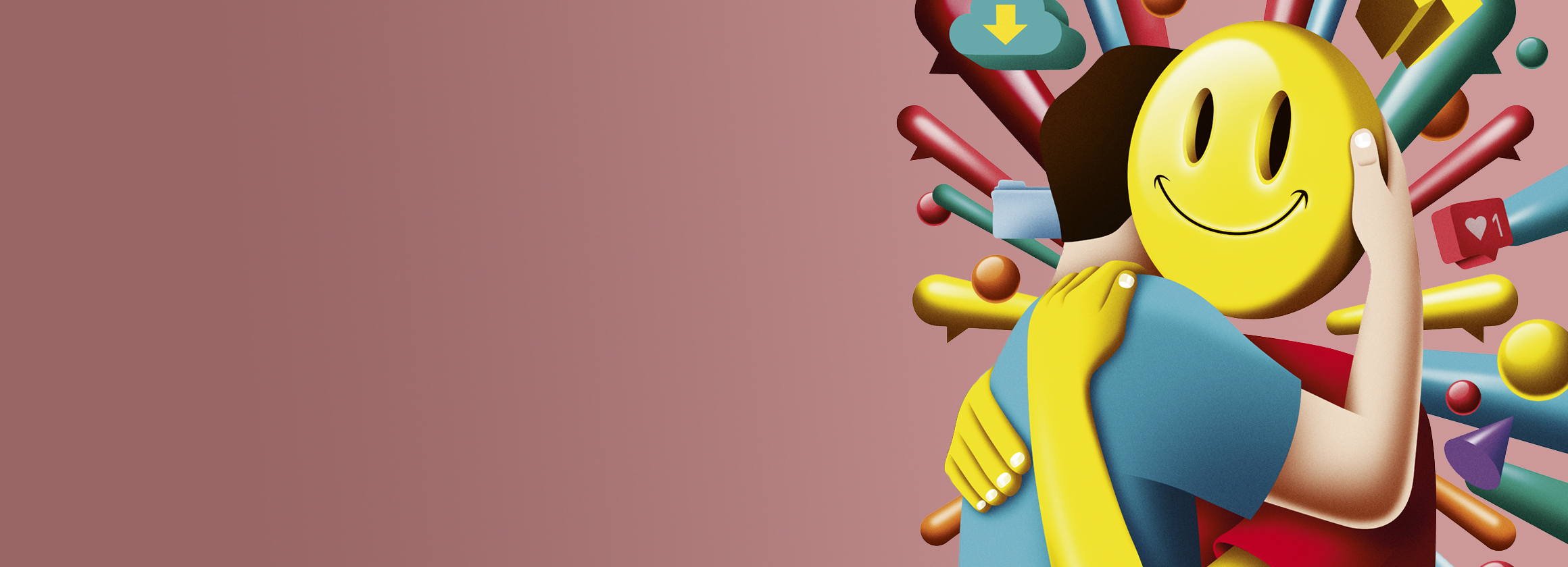 Die Illustration von DAQ zeigt eine Person, die ein großes Emoji eng umarmt.