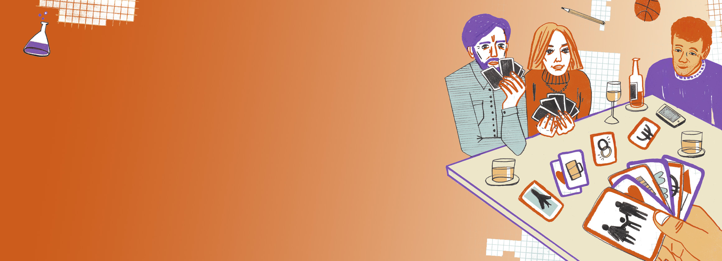 Die Illustration zeigt drei Personen an einem Tisch, die Karten mit Lebensereignissen auf den Tisch legen.