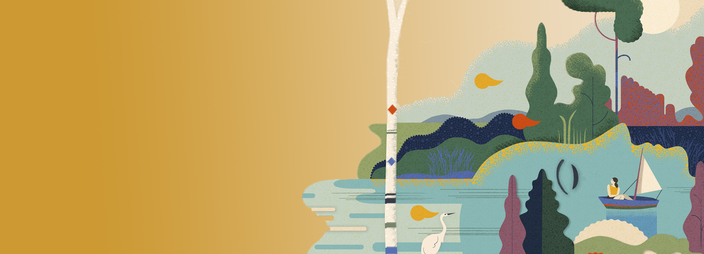Die Illustration zeigt eine Frau, die auf einem Boot im Wasser unterwegs ist. Um sie herum sieht man eine blühende Natur.
